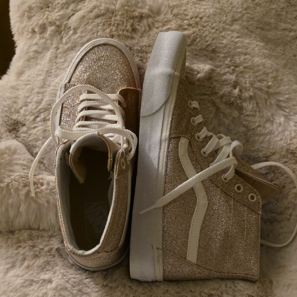 NWOB Vans Women's Gold Sparkling High-Top Sneakers - Gold and White-Size 10.5